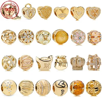 Naujas Originalus Sidabro, Aukso geltonos, apvalios granulės, tinkami Pandora pakabukai sidabras 925 karoliukai, Apyrankės moterims 