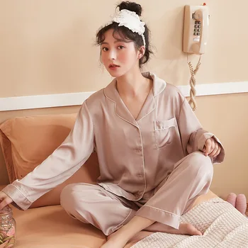 Ledo šilko pižama moterų ilgas rankovėmis kelnės vasaros 2021 m. rudenį imituojamas šilko paprastas laisvalaikio namuose kostiumas
