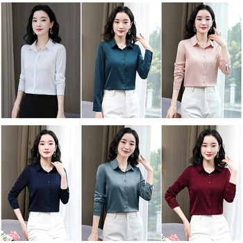 Naujas Plus Size Ilgomis Rankovėmis Satino Marškinėliai Moterims, Elegantiškas Mados Office Lady Palaidinės Moterų Derliaus Paprastų Šilko Marškinėliai, Topai
