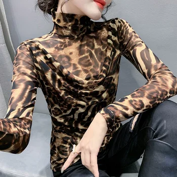 Rudenį Naujų Golfo Akių Spausdinti moteriški Marškinėliai Mados Atsitiktinis ilgomis Rankovėmis Leopard palaidinukės Ir Marškiniai M-3XL Plius Dydis Blusas