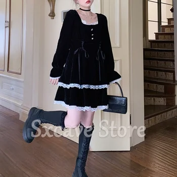 2021 Žiemos Nėrinių Lolita Dress Šalies Kawaii Drabužių Atsitiktinis Juodo Aksomo Y2k Mini Suknelė Gothic Black Velvet One Piece Suknelė Korėja