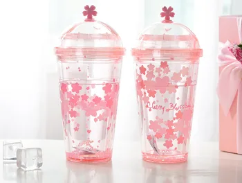 Sakura BPA Free Plastikinių Indelių Su Dangteliais Vandens Taures Gerti Kavos Puodelis Sulčių, Pieno Šiaudų Taurės Paslėptas Šiaudų Ledo Taurė