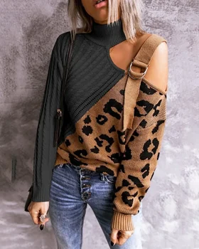 Moterų Megztinis Rudens ir Žiemos Spalvų Atitikimo Leopardas Spausdinti Aukštos Kaklo Seksualus Priemiestinių Apvalios Kaklo Off-pečių ilgomis rankovėmis Megztinis