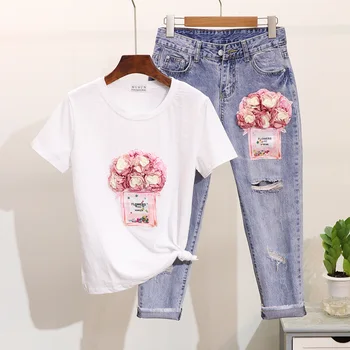 Amolapha Moterų Blizgučiais Kvepalų Buteliukai Modelio 3D Gėlių trumpomis Rankovėmis T-shirt + Vidurio Blauzdos Džinsai 2 VNT. Drabužių Rinkiniai Kostiumas