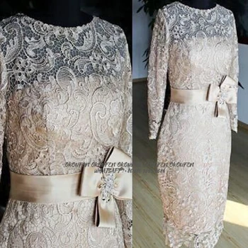 Šampanas Motina Oblubienicy Suknelė Vestuvių Nėrinių Trumpas Apvalkalą Lankas Varčias ilgomis Rankovėmis Individualizuoti Formaliojo vestido de Madrinha
