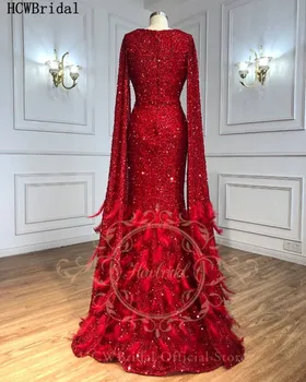 Prabanga Karoliukų, Plunksnų Raudona Ilgomis Rankovėmis Vakarinę Suknelę V Kaklo Undinė Oficialus Šalies Chalatai 2021 Užsakymą Moterų Suknelės