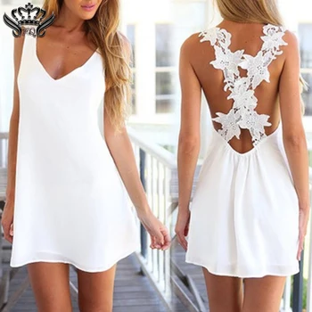 Mini Paplūdimio Suknelė Sexy V Kaklo, Rankovių Balta Vasaros Suknelė Paplūdimio Backless Suknelės 2018 Naujas šifono nėrinių trumpas baltas apynasrio suknelė