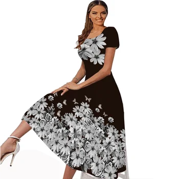 MOVOKAKA 3D Gėlių Spausdinti Suknelės Moterims, Elegantiškas Plonas Aikštėje Apykaklės trumpomis Rankovėmis Suknelė, Paplūdimio Vestidos Pavasario Vasaros Ilgos Suknelės