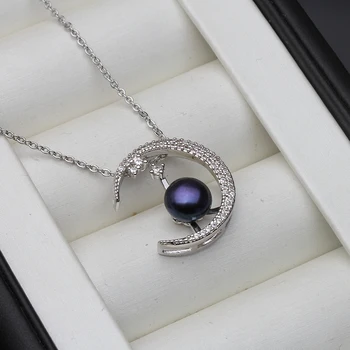 Black Pearl Mėnulis Pakabukas Karoliai Moterims,Nekilnojamojo Natūralių Gėlavandenių Perlų Vėrinį Fine Jewelry Jubiliejų Dovana