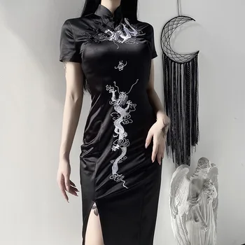Rudenį Ir Žiemą Gotikos Moterų Tamsiai Vėjo Retro Sagtis Didelio Dydžio Suknelė Pagerėjo Siuvinėjimo Cheongsam Slim Suknelės Moteriška Juoda