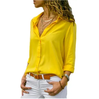 Lossky Moterų Viršūnių blusa 2021 m. Rudenį Elegantiškas ilgomis Rankovėmis Kieto V-Kaklo Šifono Geltona Moterų Darbo Dėvėti Marškinėliai Palaidinė Plius Dydis