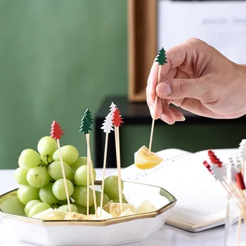 Bambuko Pasiimti Kalėdų Medžio Vaisių Pasirinkti Švediškas Stalas Cupcake Salotų Šakutė Daržovių Stick Desertinis Kokteilis Dantų Krapštuką Kalėdų Šaliai Dekoro