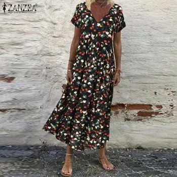 Vasaros Bohemijos Gėlių Spausdinti trumpomis Rankovėmis Suknelė ZANZEA Moterų Sundress Vintage V Kaklo Prarasti Atsitiktinis Atostogų Vestido Skraiste Femme 7