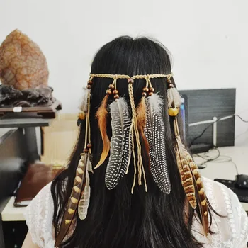 Derlius Indijos Plunksnų Plaukų Juosta Bohemijos Elastinga Čigonų Festivalis Odos Virvę Lankelis Papuošalai Moterų Mada, Plaukų Aksesuarai
