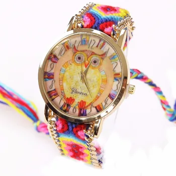 Gnova Platinum Vaivorykštė Žiūrėti Moterų etninės mados pelėda laikrodis hipių Nėrinių Grandinės Pintas Reloj Mergina Derliaus Ženevos Stiliaus A011
