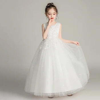 Elegantiškas nėrinių Vestuvės Paauglys Kamuolys Suknelė Vaikų Kambariniai Chalatai White Blue, Pink Gėlių Mergaičių Bridesmaid Dresses