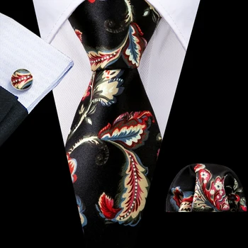 Mados Gėlių Black Print Vyrų Kaklaraištis Rinkinys Šilkinės Žakardinės Necktie Vestuvių Verslo Nosinė Kaklaraištis Barry.Wang Dizaineris FA-5377