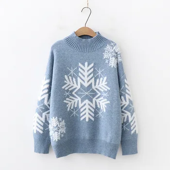 2020 m. rudens ir žiemos moterų megztinis O-kaklo Kalėdų snaigės megztinis džemperis moterims, naujas half-aukštos apykaklės prarasti sustorėjimas