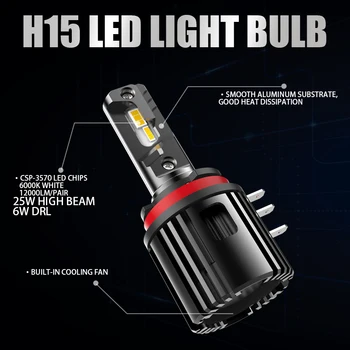 2Pces H15 LED Lemputė, priekinis žibintas SPT Chip Automobilių Šviesos Aukštos Pluošto/DRL Auto Lempos CX-5 A3 A6 dėl Vito LED Lemputė 12V 6000K Balta
