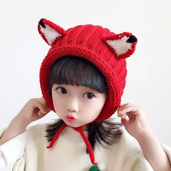 Vientisos spalvos Animacinių filmų fox megzti skrybėlę žiemą šiltą kepurę Skullies bžūp beanie skrybėlių už vaikas berniukas ir mergaitė 82