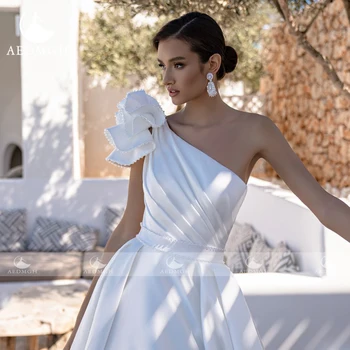 Aedmgh-Line Matinis Satino Vestuvių Suknelės 2022 Vieną Petį Rankovių Chalatas De Mariee Elegantiškas Boho Gėlės Vestido De Novia