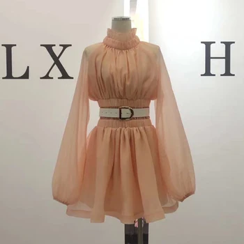 2021 m. Vasarą, Rudenį Naujas Japonų Stiliaus Gryna Spalva Pusę Apykakle ilgomis Rankovėmis Suknelė Moterims Raišteliu Slim-Fit Studentų Suknelė