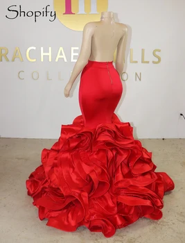 Ilga Raudona Prom Dresses 2021 Elegantiškas Undinė Raukiniai Kristalai Afrikos Juodieji Mergina Backless Satino Prom Šalies Chalatai