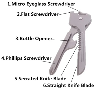 6 in 1 Tech Peilis Utili-Key Key Chain Pakabukas Atsuktuvas Butelio Atidarytuvas Kempingas EDC Lauko Multi-Tool Kempingas Poliravimo Peilis