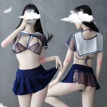 Seksualus moteriškas apatinis Trikotažas, Seksualus Studentų Vienodas Japonų Stiliaus Miniskirt Plonas, permatomas Klostuotas Sijonas Sailor Kostiumas Kostiumas Laisvi Drabužiai