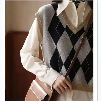 Diamond pledas vest džemperis moterims rudens ir žiemos Britų stiliaus mados palaidų žirgų retro megzti V-kaklo laukinių megztinis (puloveris)