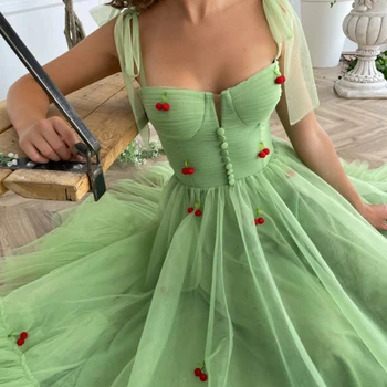 Žalia Mielas Vakaro Suknelės 2021 Paprasta Spageti Dirželis Vyšnių Aplikacijos Prom Chalatai Tiulio Brangioji Šalis Suknelė rūbeliai de soirée